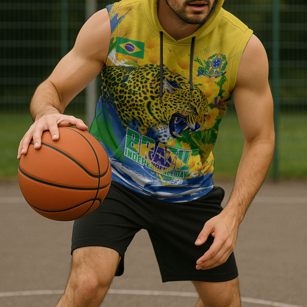 Brazil Independence Day Sleeveless Hoodie Roaring Jaguar Christ Redeemer Tropical Floral