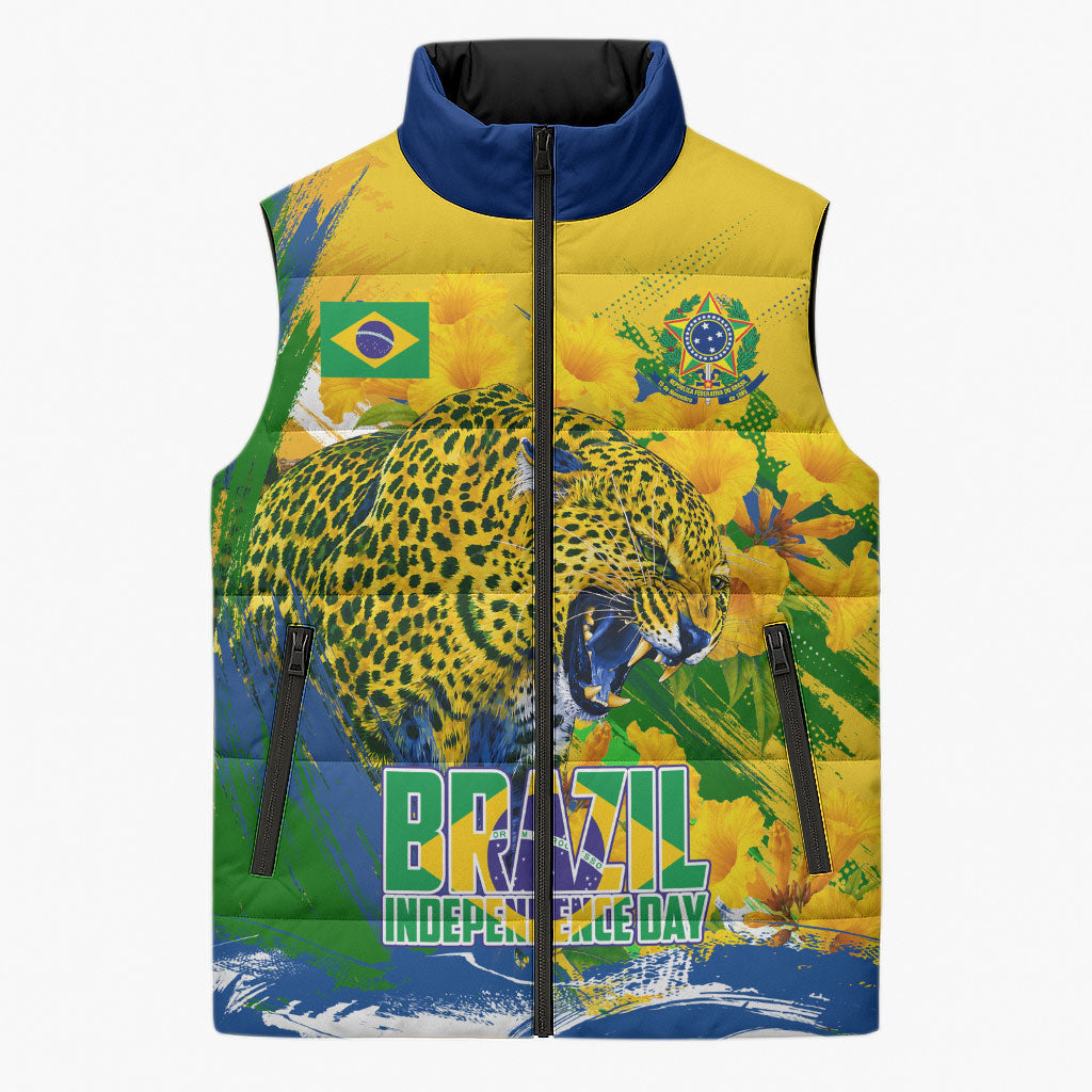 Brazil Independence Day Sleeveless Puffer Jacket Roaring Jaguar Christ Redeemer Tropical Floral