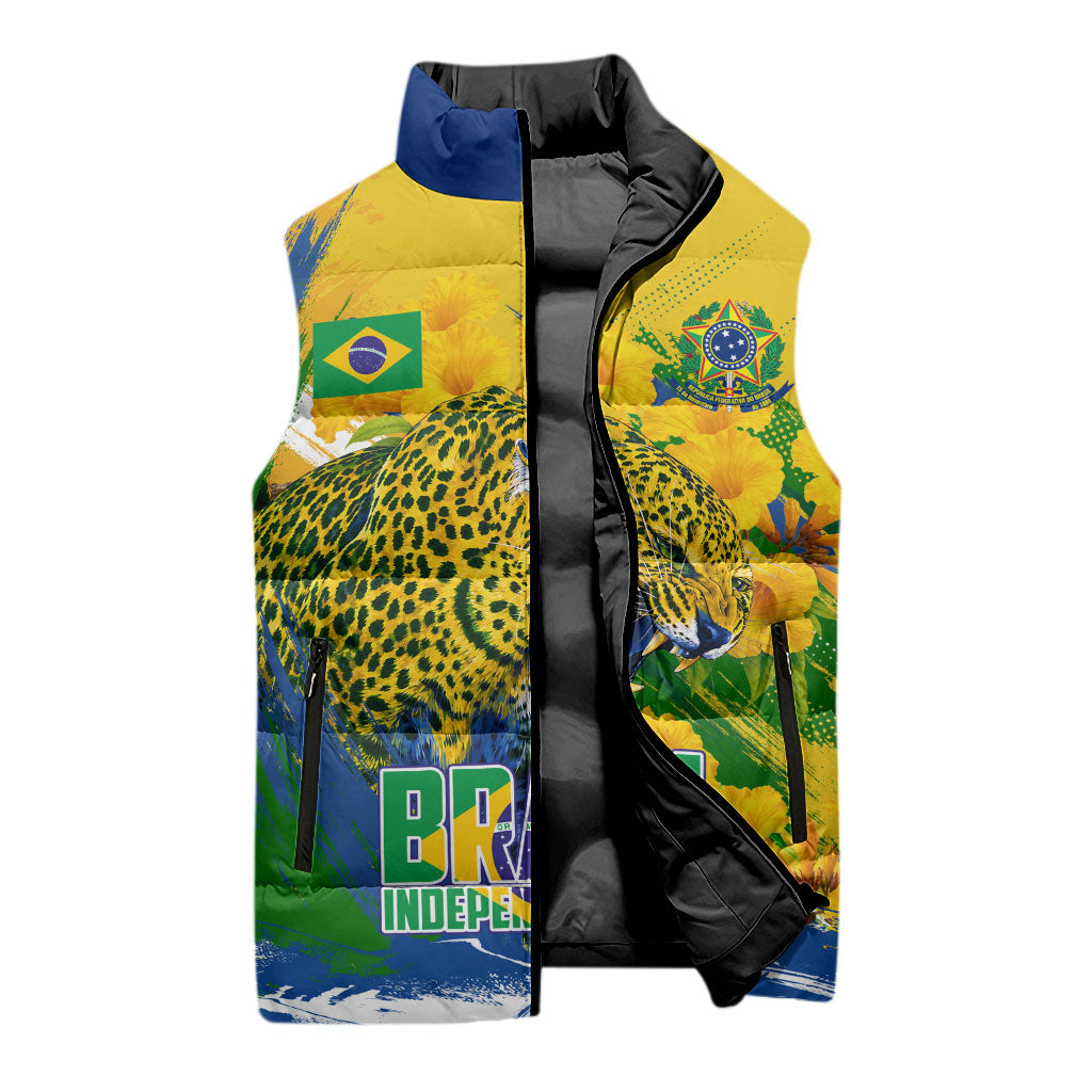 Brazil Independence Day Sleeveless Puffer Jacket Roaring Jaguar Christ Redeemer Tropical Floral