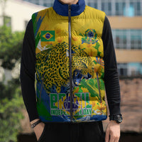 Brazil Independence Day Sleeveless Puffer Jacket Roaring Jaguar Christ Redeemer Tropical Floral