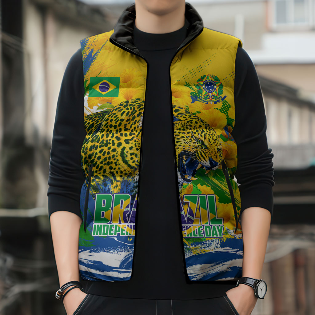Brazil Independence Day Sleeveless Puffer Jacket Roaring Jaguar Christ Redeemer Tropical Floral
