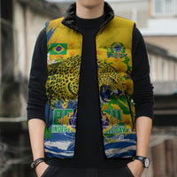 Brazil Independence Day Sleeveless Puffer Jacket Roaring Jaguar Christ Redeemer Tropical Floral