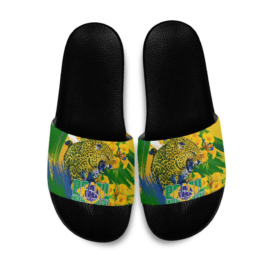 Brazil Independence Day Slide Sandals Roaring Jaguar Christ Redeemer Tropical Floral