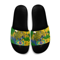 Brazil Independence Day Slide Sandals Roaring Jaguar Christ Redeemer Tropical Floral