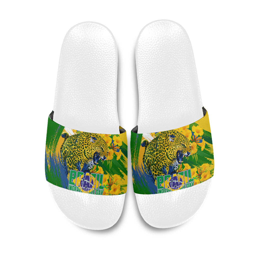 Brazil Independence Day Slide Sandals Roaring Jaguar Christ Redeemer Tropical Floral