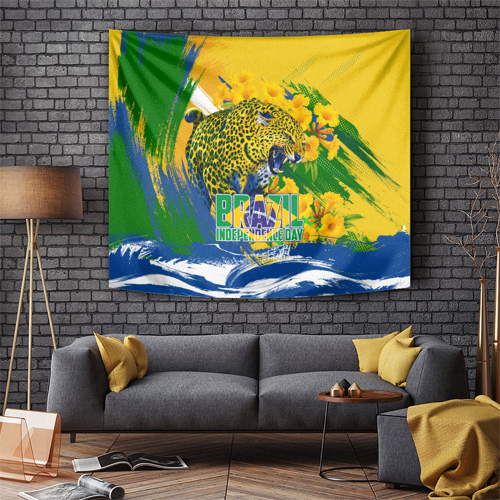 Brazil Independence Day Tapestry Roaring Jaguar Christ Redeemer Tropical Floral