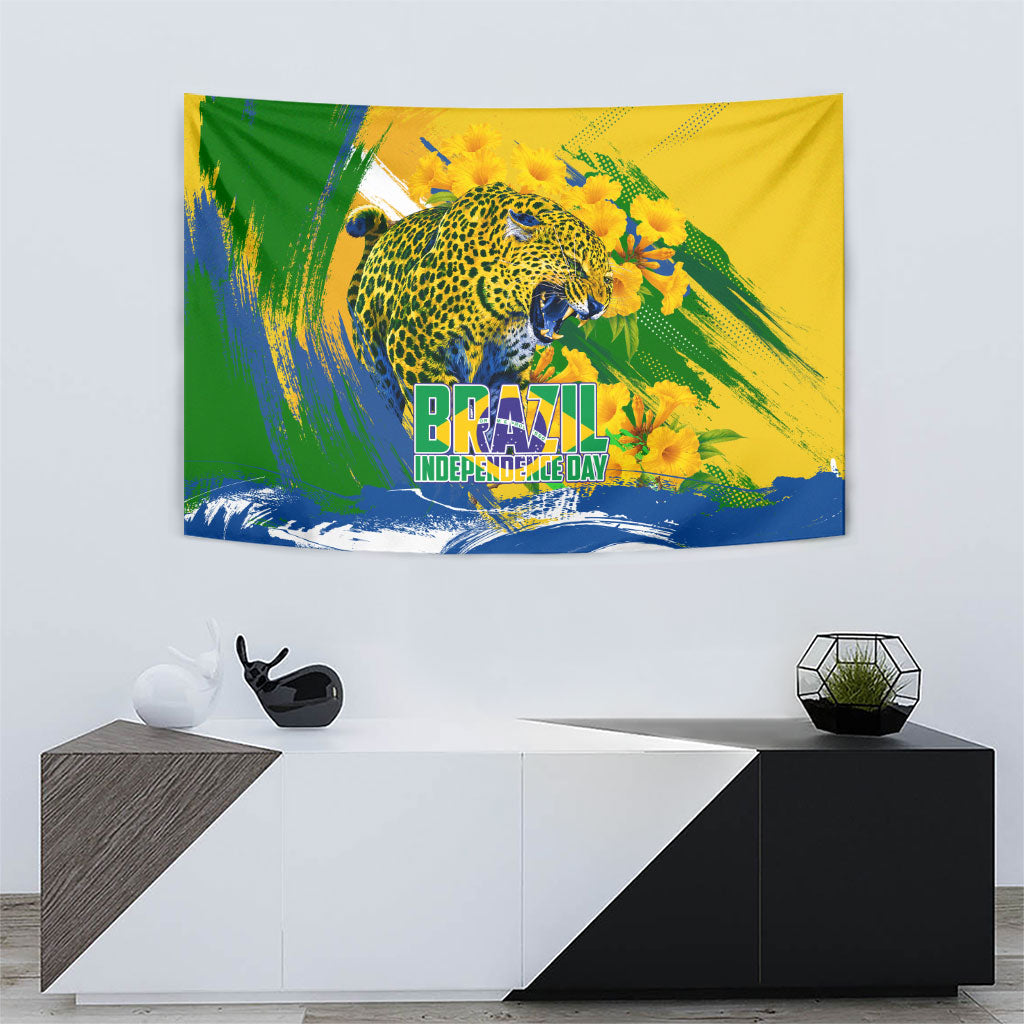 Brazil Independence Day Tapestry Roaring Jaguar Christ Redeemer Tropical Floral