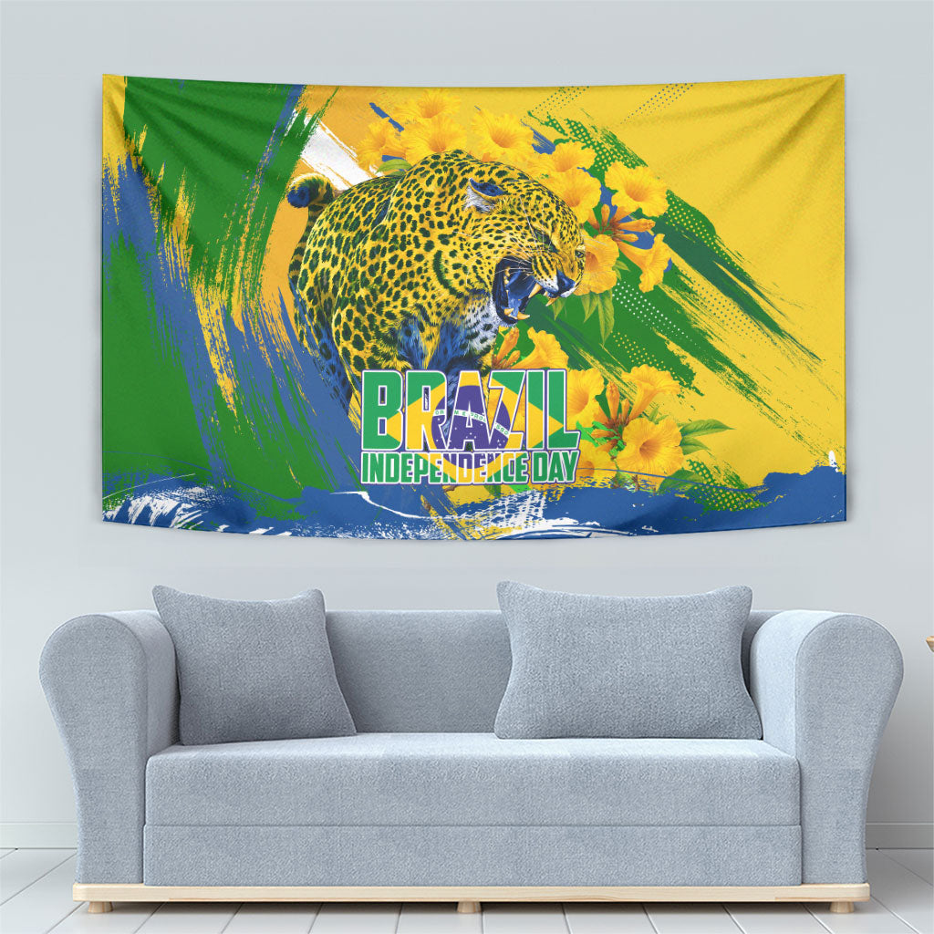 Brazil Independence Day Tapestry Roaring Jaguar Christ Redeemer Tropical Floral