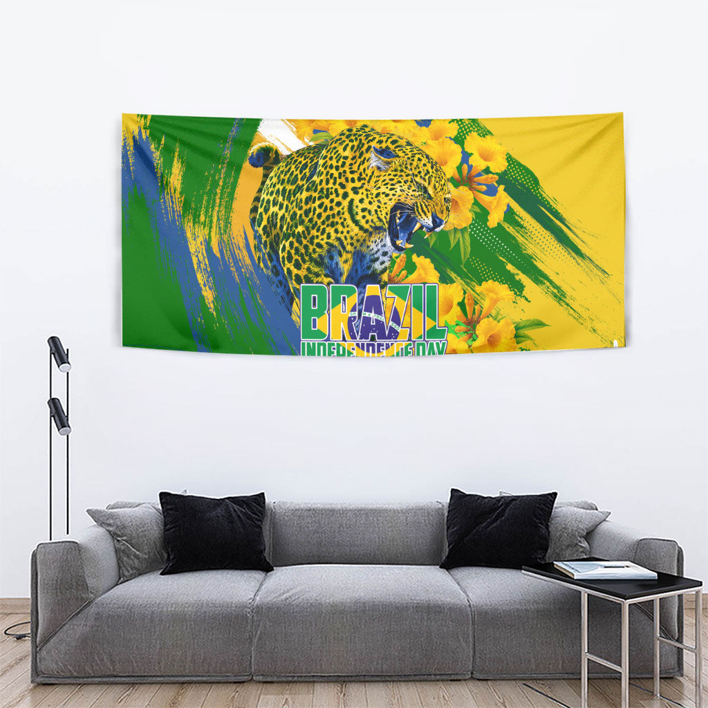 Brazil Independence Day Tapestry Roaring Jaguar Christ Redeemer Tropical Floral