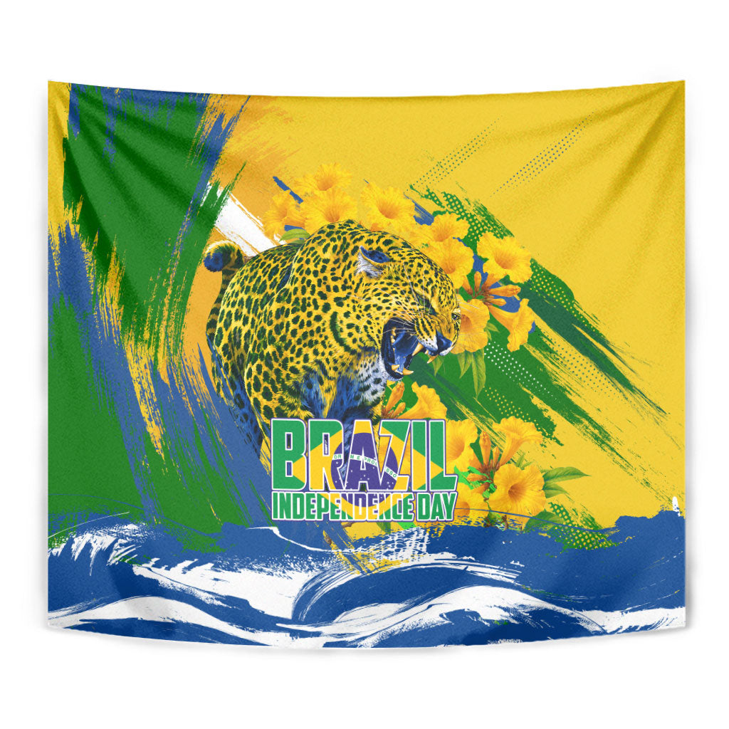 Brazil Independence Day Tapestry Roaring Jaguar Christ Redeemer Tropical Floral