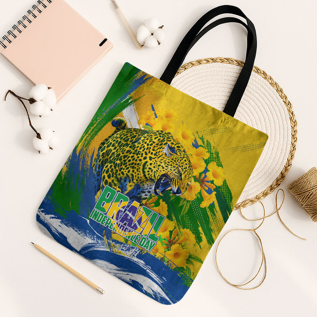 Brazil Independence Day Tote Bag Roaring Jaguar Christ Redeemer Tropical Floral