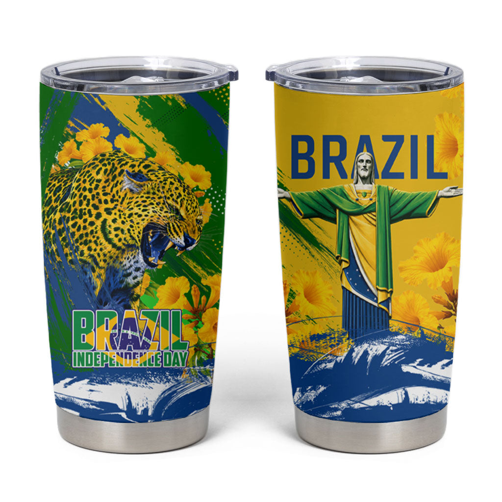 Brazil Independence Day Tumbler Cup Roaring Jaguar Christ Redeemer Tropical Floral