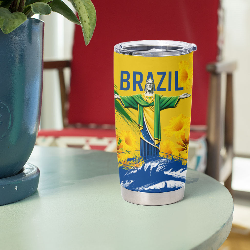 Brazil Independence Day Tumbler Cup Roaring Jaguar Christ Redeemer Tropical Floral