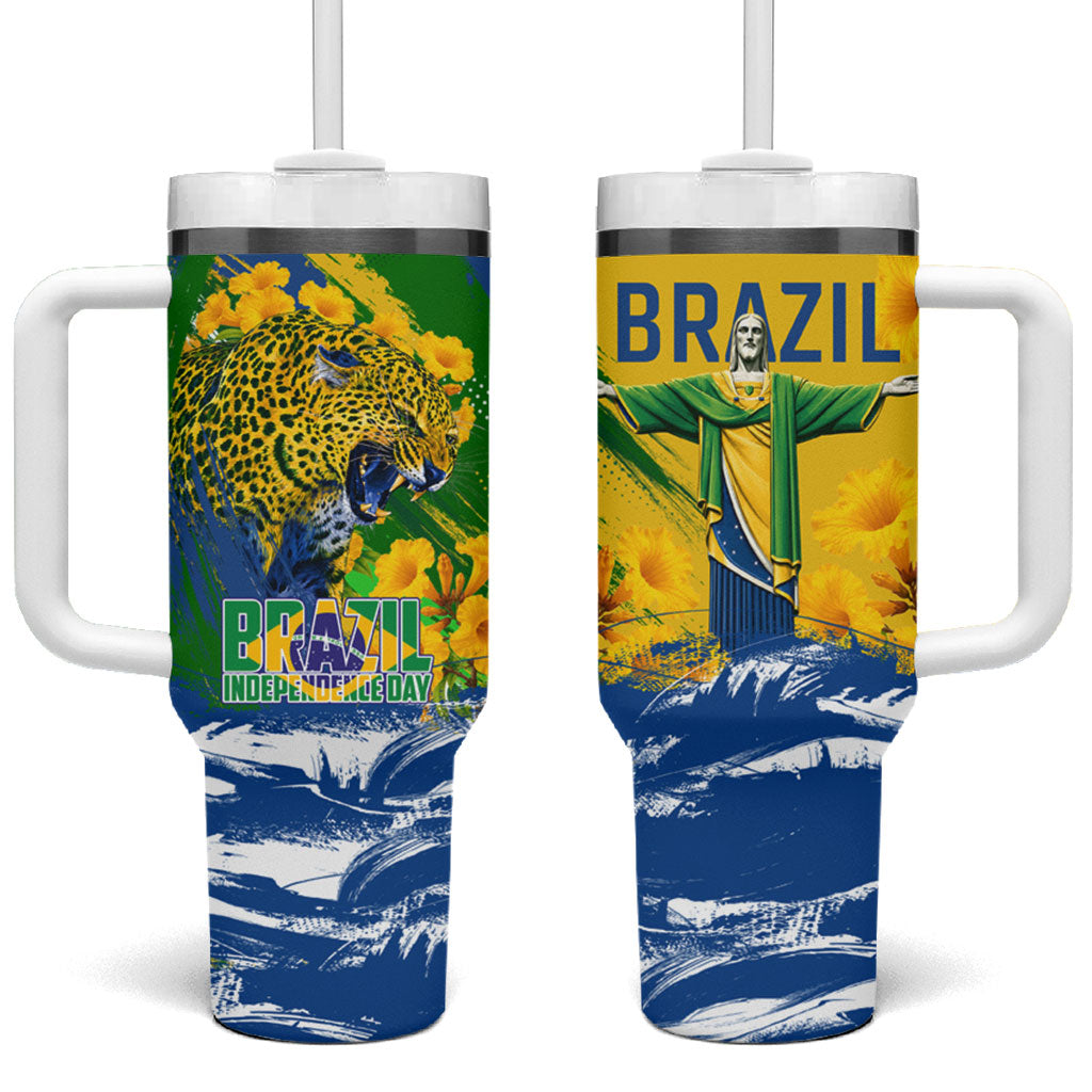Brazil Independence Day Tumbler With Handle Roaring Jaguar Christ Redeemer Tropical Floral