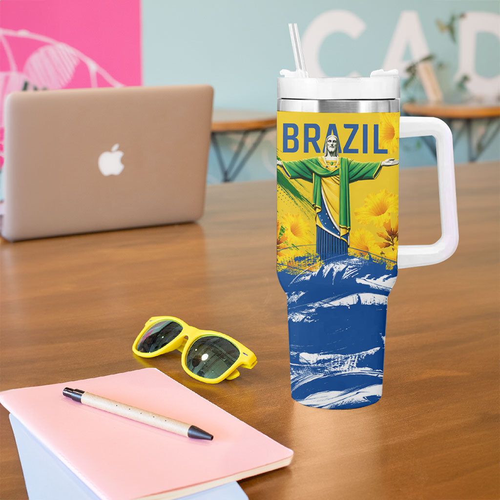 Brazil Independence Day Tumbler With Handle Roaring Jaguar Christ Redeemer Tropical Floral