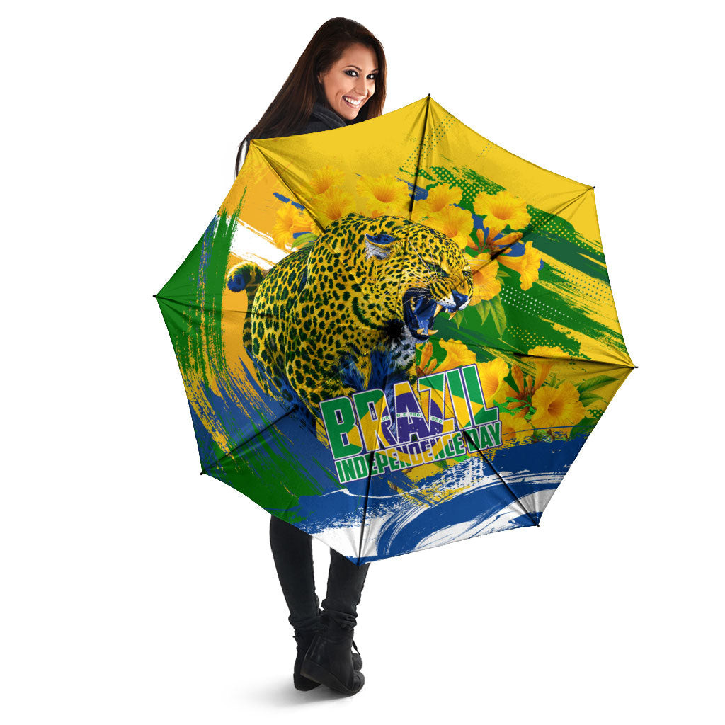 Brazil Independence Day Umbrella Roaring Jaguar Christ Redeemer Tropical Floral