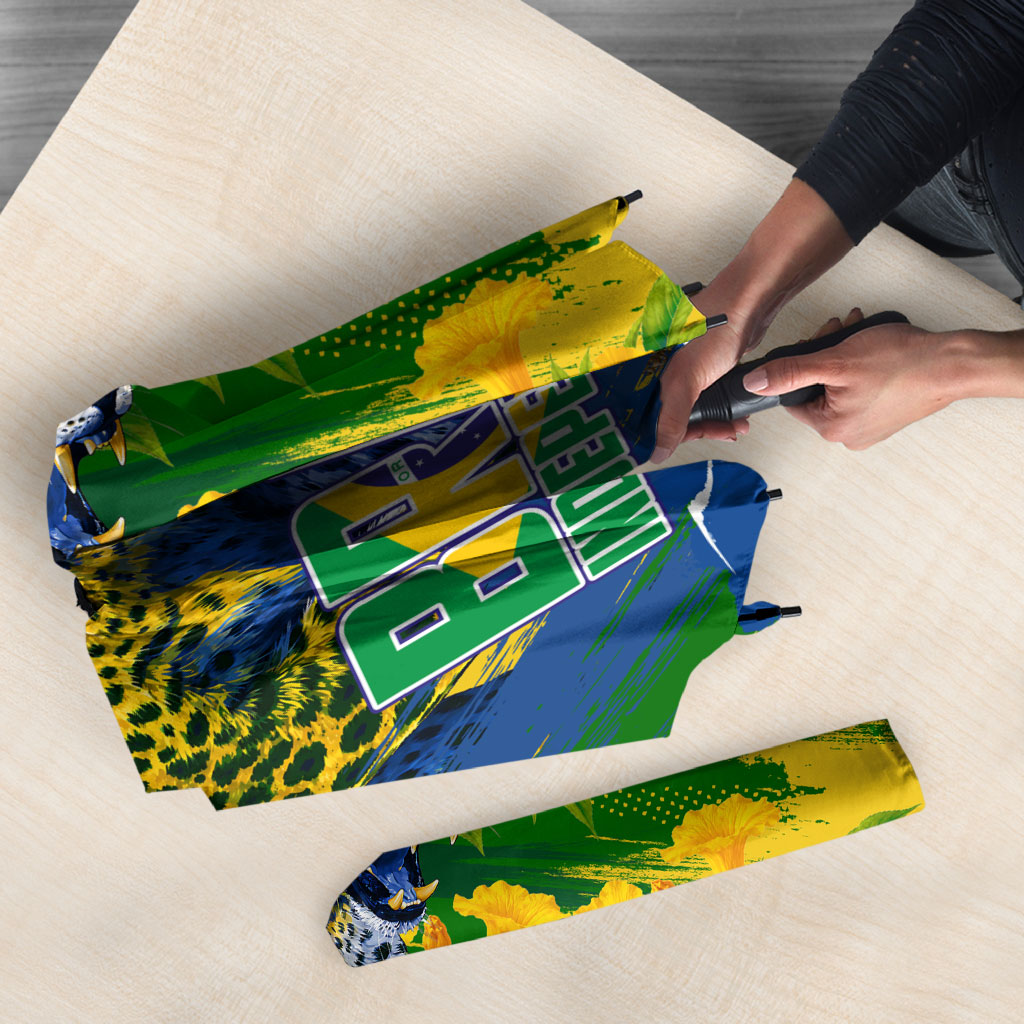 Brazil Independence Day Umbrella Roaring Jaguar Christ Redeemer Tropical Floral