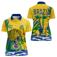 Brazil Independence Day Women Polo Shirt Roaring Jaguar Christ Redeemer Tropical Floral
