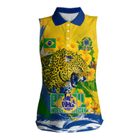 Brazil Independence Day Women Sleeveless Polo Shirt Roaring Jaguar Christ Redeemer Tropical Floral
