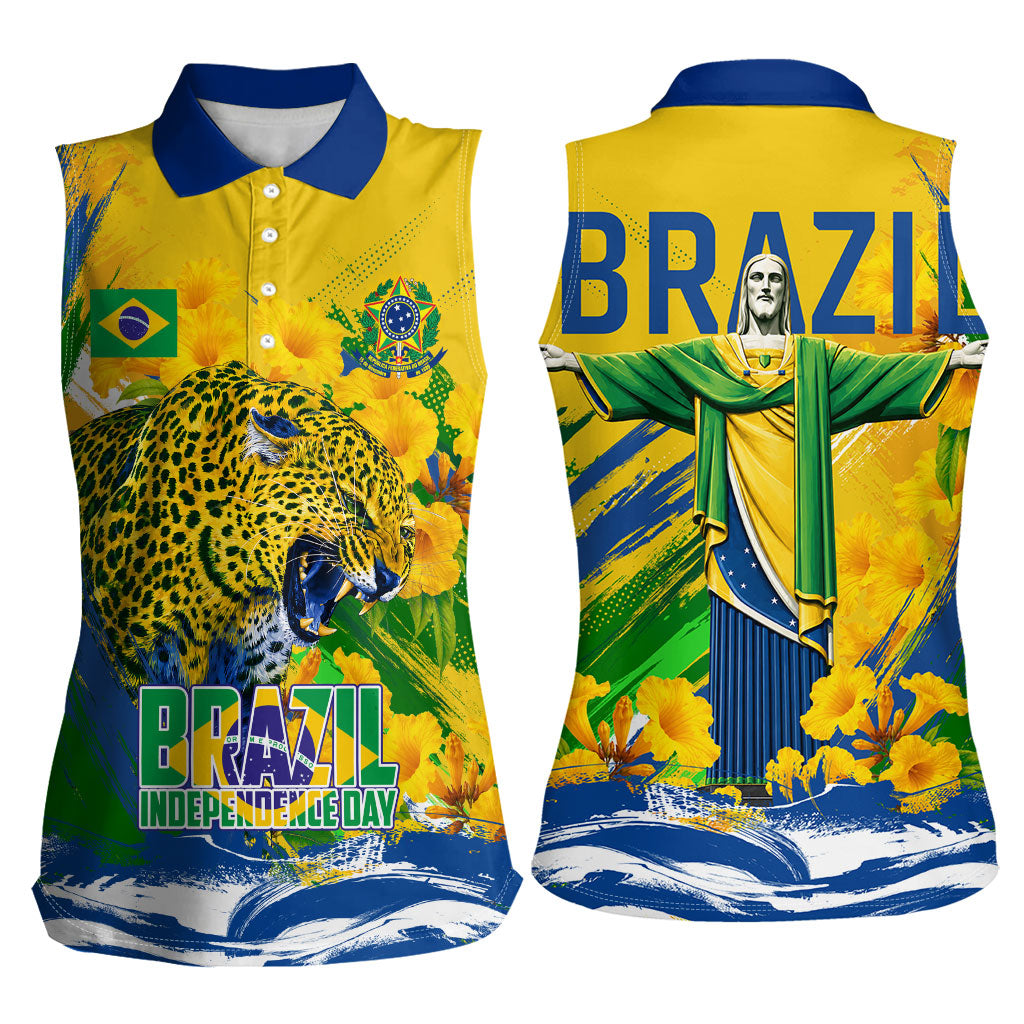 Brazil Independence Day Women Sleeveless Polo Shirt Roaring Jaguar Christ Redeemer Tropical Floral