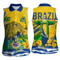 Brazil Independence Day Women Sleeveless Polo Shirt Roaring Jaguar Christ Redeemer Tropical Floral