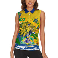 Brazil Independence Day Women Sleeveless Polo Shirt Roaring Jaguar Christ Redeemer Tropical Floral