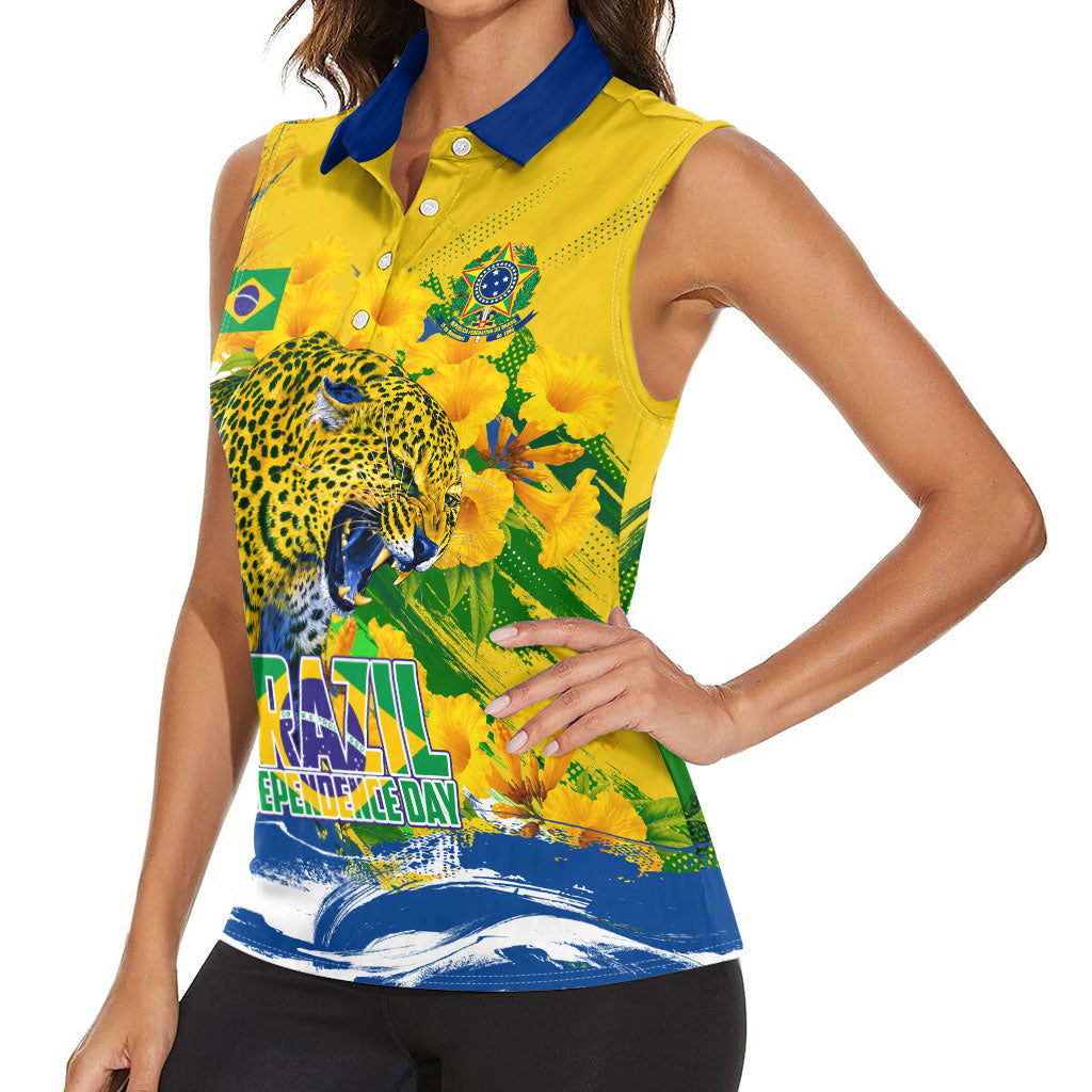 Brazil Independence Day Women Sleeveless Polo Shirt Roaring Jaguar Christ Redeemer Tropical Floral