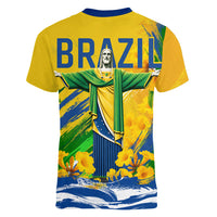 Brazil Independence Day Women V-Neck T-Shirt Roaring Jaguar Christ Redeemer Tropical Floral