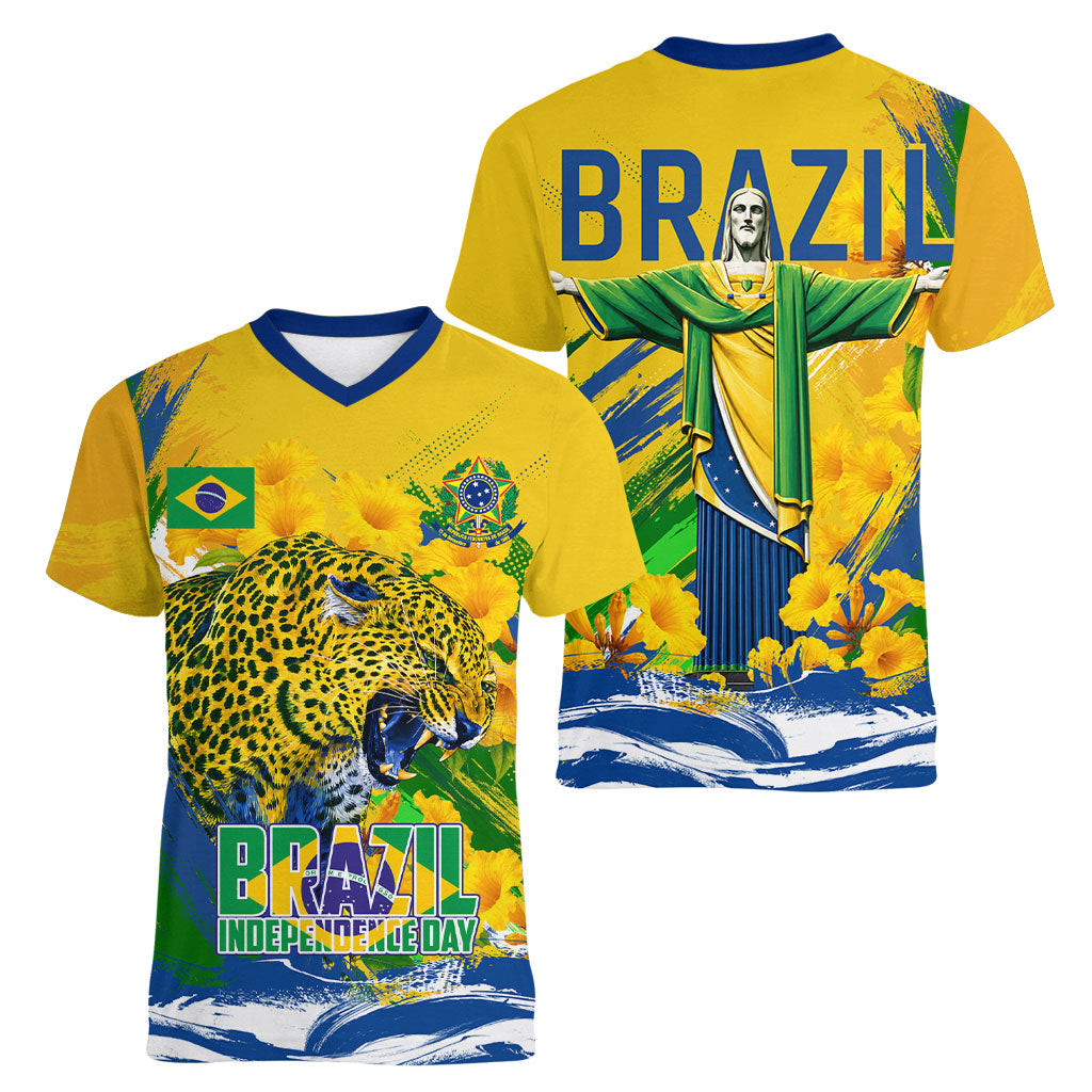 Brazil Independence Day Women V-Neck T-Shirt Roaring Jaguar Christ Redeemer Tropical Floral