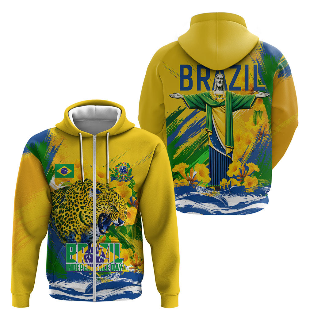 Brazil Independence Day Zip Hoodie Roaring Jaguar Christ Redeemer Tropical Floral
