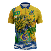 Brazil Independence Day Zipper Polo Shirt Roaring Jaguar Christ Redeemer Tropical Floral
