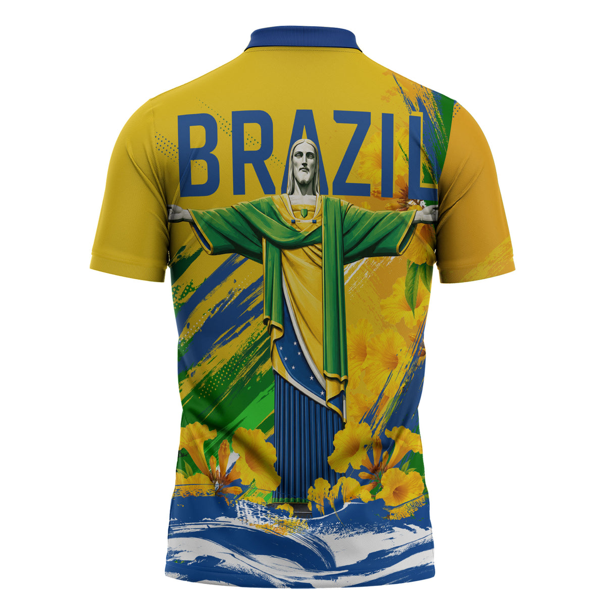 Brazil Independence Day Zipper Polo Shirt Roaring Jaguar Christ Redeemer Tropical Floral