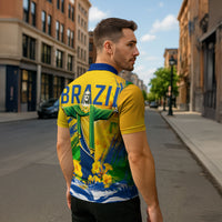 Brazil Independence Day Zipper Polo Shirt Roaring Jaguar Christ Redeemer Tropical Floral