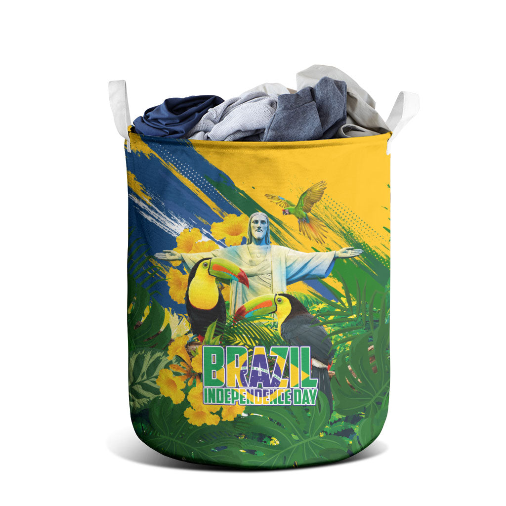 Brazil Independence Day Laundry Basket One Nation One Heart - Tropical Toucan Macaw Christ Redeemer