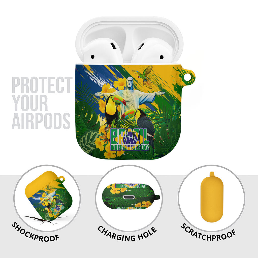 Brazil Independence Day AirPods Case One Nation One Heart - Tropical Toucan Macaw Christ Redeemer