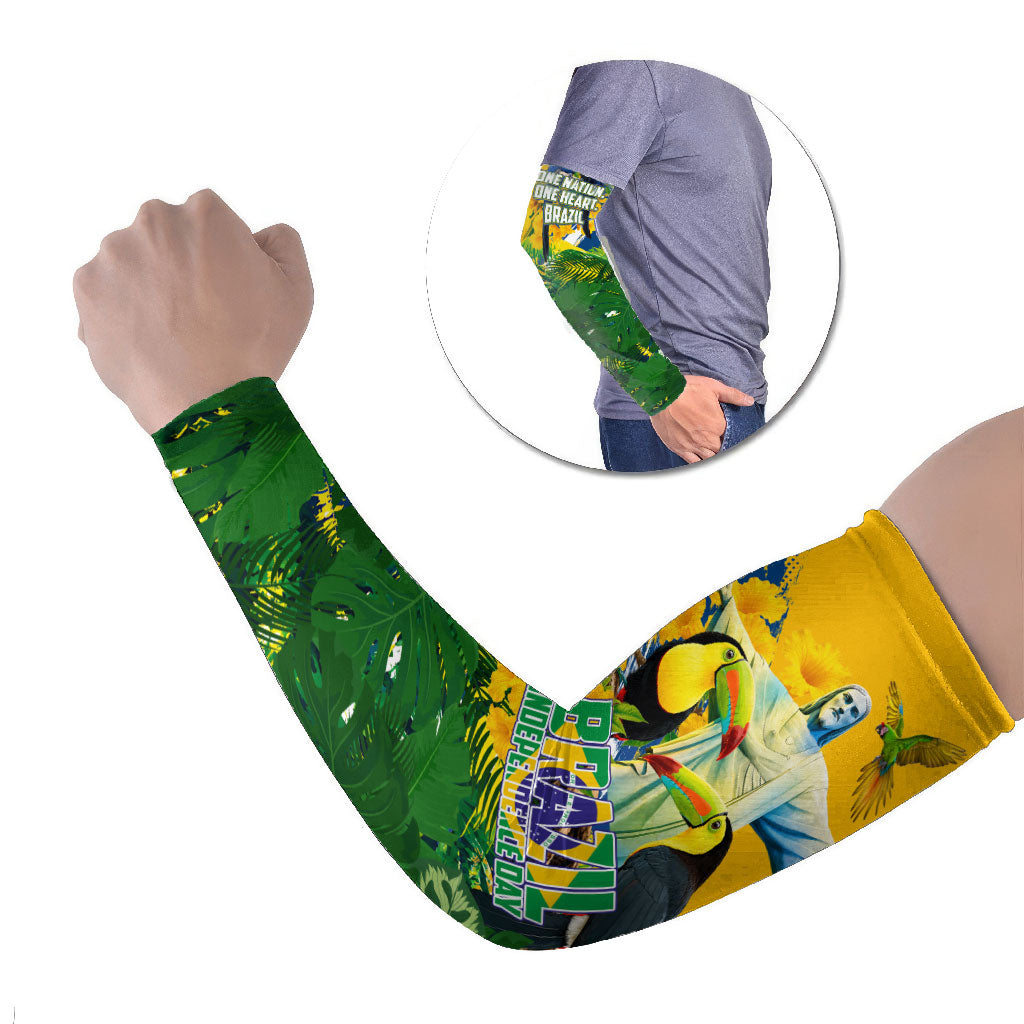 Brazil Independence Day Arm Sleeves One Nation One Heart - Tropical Toucan Macaw Christ Redeemer