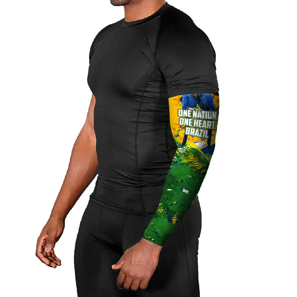 Brazil Independence Day Arm Sleeves One Nation One Heart - Tropical Toucan Macaw Christ Redeemer
