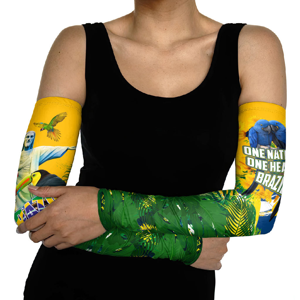 Brazil Independence Day Arm Sleeves One Nation One Heart - Tropical Toucan Macaw Christ Redeemer