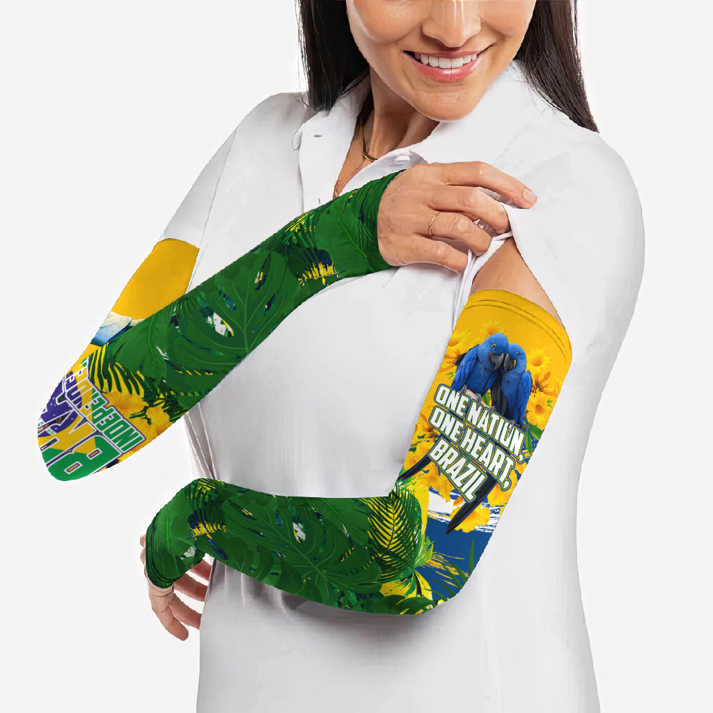 Brazil Independence Day Arm Sleeves One Nation One Heart - Tropical Toucan Macaw Christ Redeemer