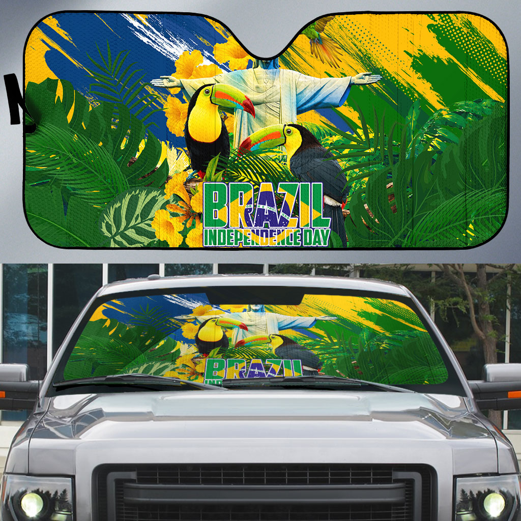 Brazil Independence Day Auto Sun Shade One Nation One Heart - Tropical Toucan Macaw Christ Redeemer