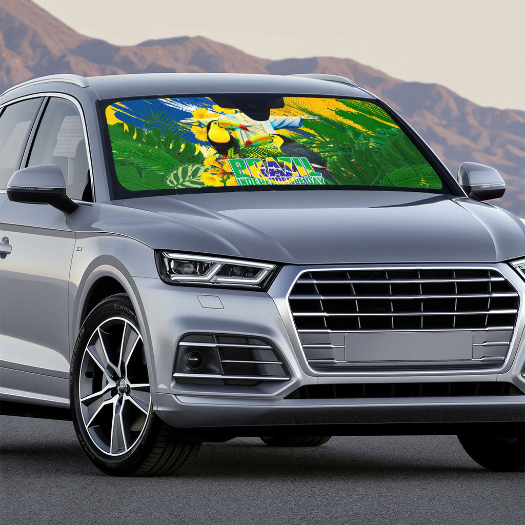 Brazil Independence Day Auto Sun Shade One Nation One Heart - Tropical Toucan Macaw Christ Redeemer