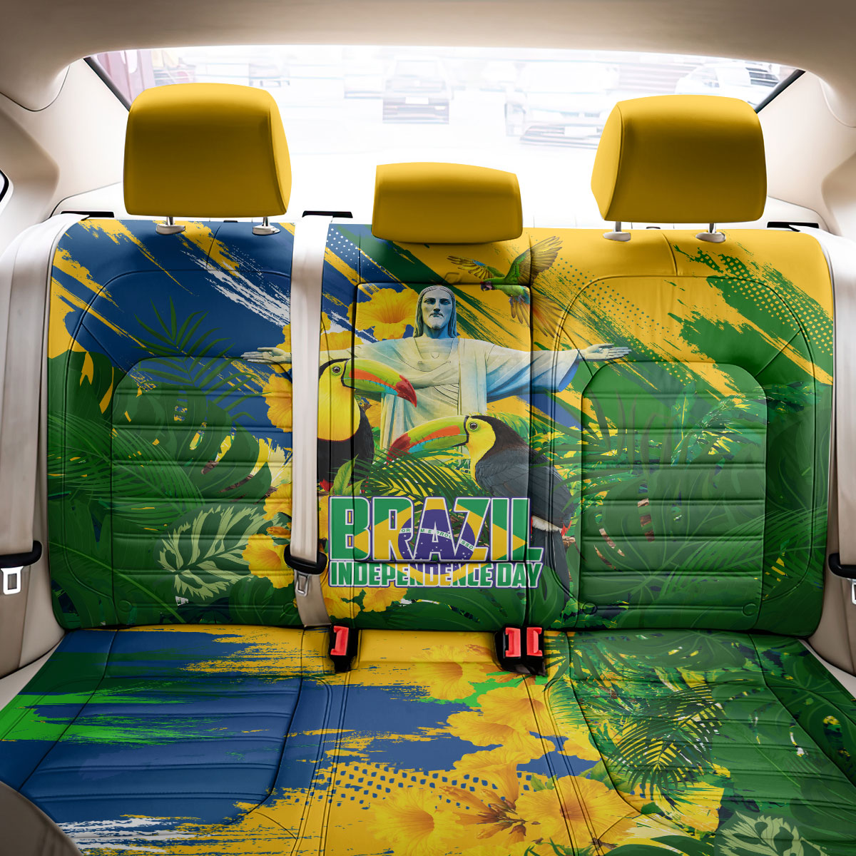 Brazil Independence Day Back Car Seat Cover One Nation One Heart - Tropical Toucan Macaw Christ Redeemer