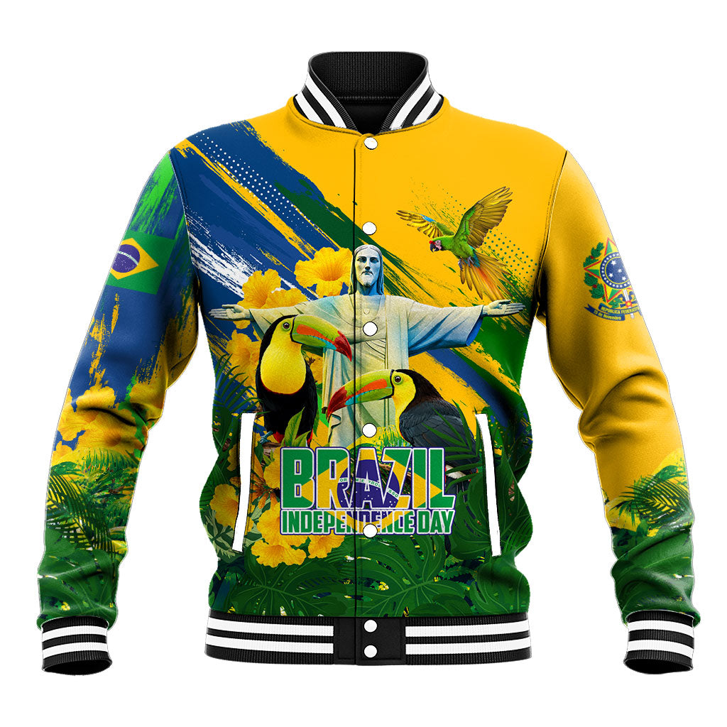 Brazil Independence Day Baseball Jacket One Nation One Heart - Tropical Toucan Macaw Christ Redeemer