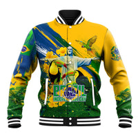 Brazil Independence Day Baseball Jacket One Nation One Heart - Tropical Toucan Macaw Christ Redeemer