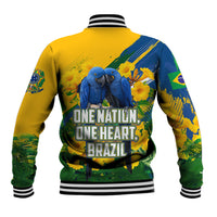 Brazil Independence Day Baseball Jacket One Nation One Heart - Tropical Toucan Macaw Christ Redeemer
