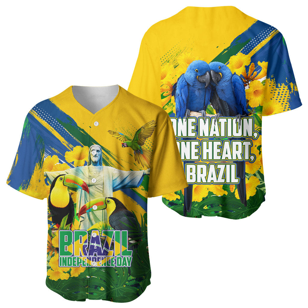 Brazil Independence Day Baseball Jersey One Nation One Heart - Tropical Toucan Macaw Christ Redeemer