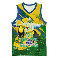 Brazil Independence Day Basketball Jersey One Nation One Heart - Tropical Toucan Macaw Christ Redeemer