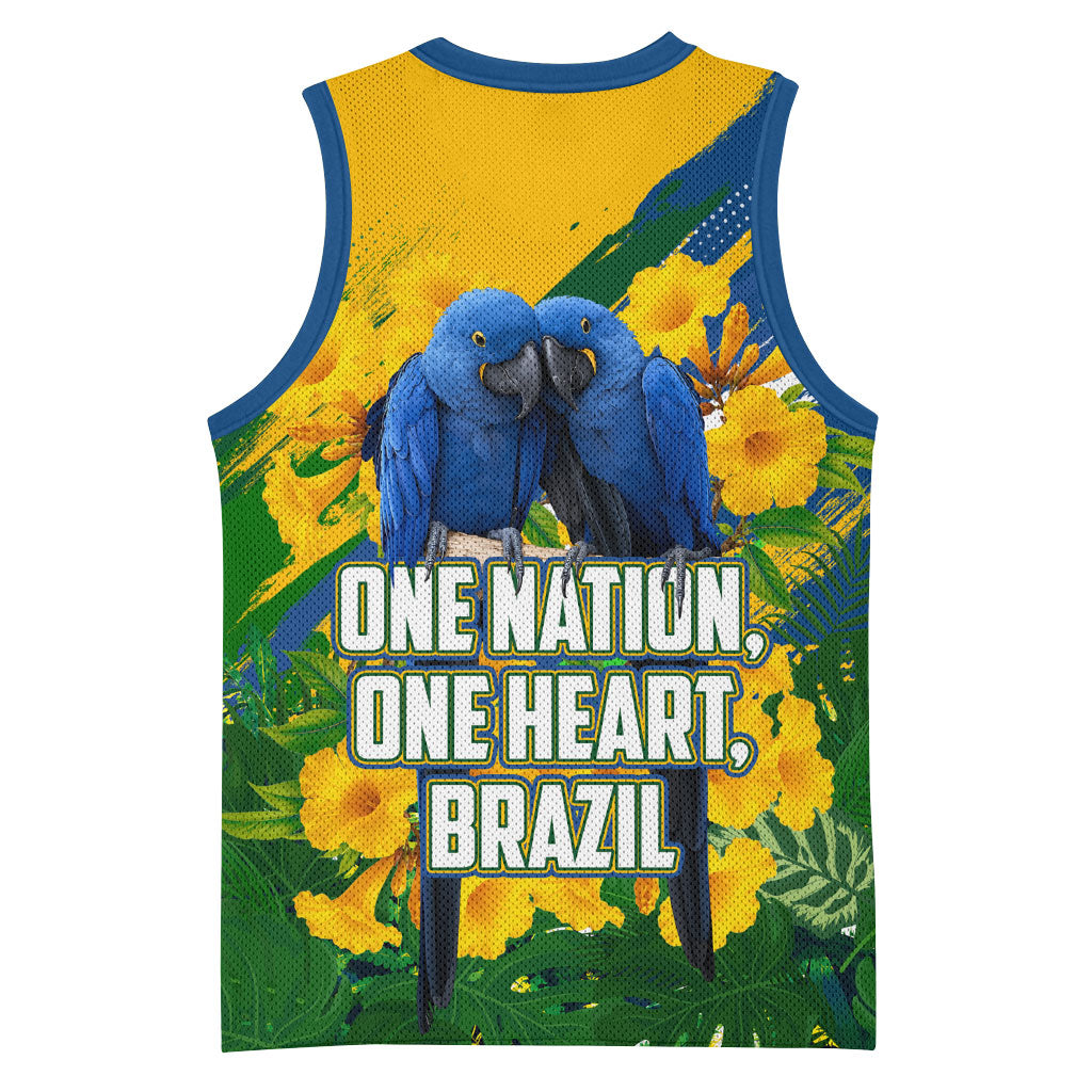 Brazil Independence Day Basketball Jersey One Nation One Heart - Tropical Toucan Macaw Christ Redeemer
