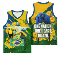 Brazil Independence Day Basketball Jersey One Nation One Heart - Tropical Toucan Macaw Christ Redeemer