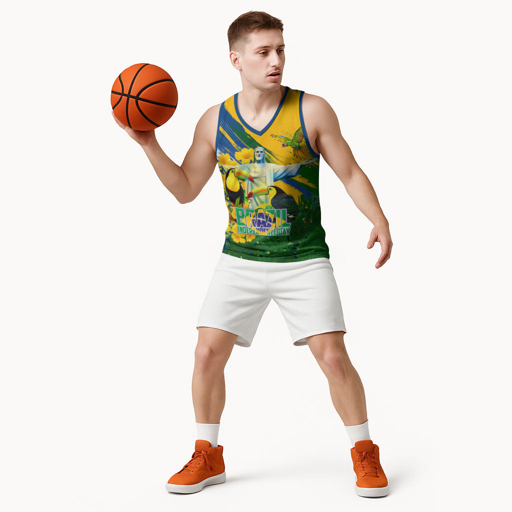 Brazil Independence Day Basketball Jersey One Nation One Heart - Tropical Toucan Macaw Christ Redeemer
